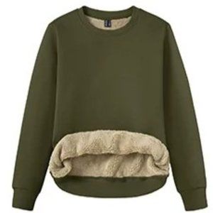 95%Cotton Womens Lined Sherpa Sweatshirt, Thick Warm Fleece, XL, Army Green
